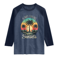 Vintage Always Chasing Sunsets Raglan Shirt Hawaiian Tropical Beach Graphic