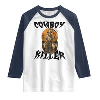 Halloween Skeleton Raglan Shirt Cowboy Killer Spooky Western Horror Design - Wonder Print Shop