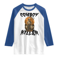 Halloween Skeleton Raglan Shirt Cowboy Killer Spooky Western Horror Design - Wonder Print Shop