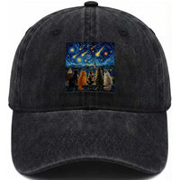 Starry Night Cats Watching Meteors Washed Cotton Baseball Cap Astronomy Lover Gift