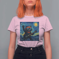 Funny Rock And Roll T Shirt For Women Cat Playing Guitar Starry Night Music Lover - Wonder Print Shop