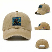 Funny Rock And Roll Washed Cotton Baseball Cap Cat Playing Guitar Starry Night Music Lover