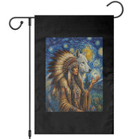 Native American Woman And White Wolf Garden Flag Starry Night Inspired Art