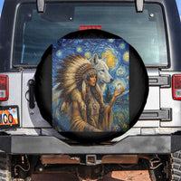 Native American Woman And White Wolf Spare Tire Cover Starry Night Inspired Art