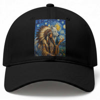 Native American Woman And White Wolf Baseball Cap Starry Night Inspired Art