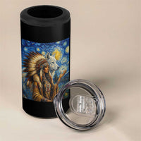 Native American Woman And White Wolf 4 in 1 Can Cooler Tumbler Starry Night Inspired Art