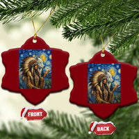 Native American Woman And White Wolf Ceramic Ornament Starry Night Inspired Art