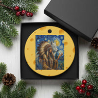 Native American Woman And White Wolf Ceramic Ornament Starry Night Inspired Art