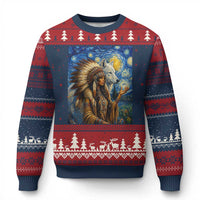 Native American Woman And White Wolf Ugly Christmas Sweater Starry Night Inspired Art