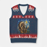 Native American Woman And White Wolf V-Neck Knit Sweater Vest Starry Night Inspired Art