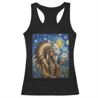 Native American Woman And White Wolf Racerback Tank Top Starry Night Inspired Art