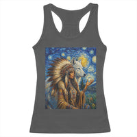 Native American Woman And White Wolf Racerback Tank Top Starry Night Inspired Art