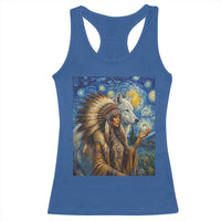 Native American Woman And White Wolf Racerback Tank Top Starry Night Inspired Art