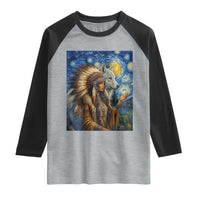 Native American Woman And White Wolf Raglan Shirt Starry Night Inspired Art