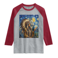 Native American Woman And White Wolf Raglan Shirt Starry Night Inspired Art