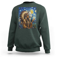 Native American Woman And White Wolf Sweatshirt Starry Night Inspired Art