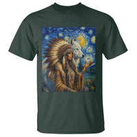 Native American Woman And White Wolf T Shirt Starry Night Inspired Art