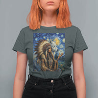 Native American Woman And White Wolf T Shirt For Women Starry Night Inspired Art
