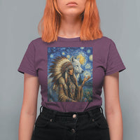 Native American Woman And White Wolf T Shirt For Women Starry Night Inspired Art