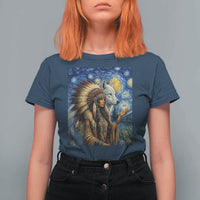 Native American Woman And White Wolf T Shirt For Women Starry Night Inspired Art