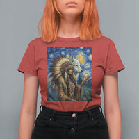 Native American Woman And White Wolf T Shirt For Women Starry Night Inspired Art