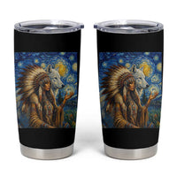 Native American Woman And White Wolf Tumbler Cup Starry Night Inspired Art