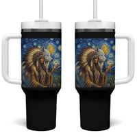 Native American Woman And White Wolf Tumbler With Handle Starry Night Inspired Art