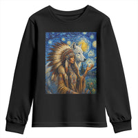 Native American Woman And White Wolf Youth Sweatshirt Starry Night Inspired Art