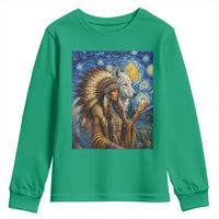 Native American Woman And White Wolf Youth Sweatshirt Starry Night Inspired Art