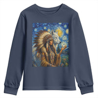 Native American Woman And White Wolf Youth Sweatshirt Starry Night Inspired Art