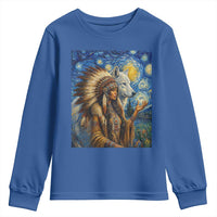Native American Woman And White Wolf Youth Sweatshirt Starry Night Inspired Art