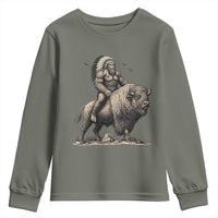 Funny Bigfoot Buffalo Rider Youth Sweatshirt Native Inspired Heritage Graphic