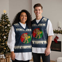 African American Holiday Gift V-Neck Knit Sweater Vest Retro Sunset Bigfoot With Kwanzaa Candle - Wonder Print Shop