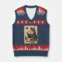 Vintage Japanese Cat Eating Sushi V-Neck Knit Sweater Vest Funny Maine Coon Kimono Gift