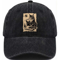 Vintage Japanese Cat Eating Sushi Washed Cotton Baseball Cap Funny Maine Coon Kimono Gift