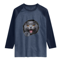 Cute British Shorthair Cat Peeking Through Cracked Wall Raglan Shirt