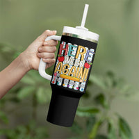 Funny Striped Teacher Back To School Tumbler With Handle Here We Go Again Welcome Back