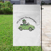 Off To Start The Shenanigans Garden Flag Funny Irish Raccoon
