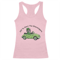 Off To Start The Shenanigans Racerback Tank Top Funny Irish Raccoon