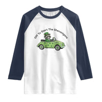 Off To Start The Shenanigans Raglan Shirt Funny Irish Raccoon