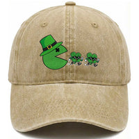 St Patricks Day Retro Gamer Eating Shamrock Lucky Gift Washed Cotton Baseball Cap