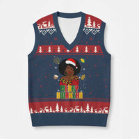 Merry Kwanzaa African American Girl Santa Hat V-Neck Knit Sweater Vest Xmas Gift - Wonder Print Shop