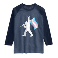 Bigfoot Rock On Trans Pride Flag Raglan Shirt Sasquatch LGBTQ Ally