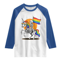 Funny Skeleton Riding Unicorn LGBTQ Pride Raglan Shirt Rainbow Fantasy Graphic