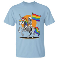 Funny Skeleton Riding Unicorn LGBTQ Pride T Shirt Rainbow Fantasy Graphic
