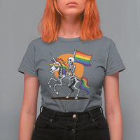 Funny Skeleton Riding Unicorn LGBTQ Pride T Shirt For Women Rainbow Fantasy Graphic