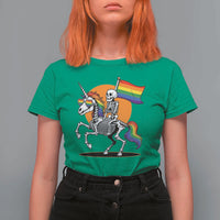 Funny Skeleton Riding Unicorn LGBTQ Pride T Shirt For Women Rainbow Fantasy Graphic