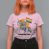 Funny Skeleton Riding Unicorn LGBTQ Pride T Shirt For Women Rainbow Fantasy Graphic