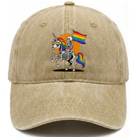 Funny Skeleton Riding Unicorn LGBTQ Pride Washed Cotton Baseball Cap Rainbow Fantasy Graphic