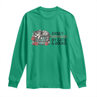 Easily Distracted By Cats And Books Long Sleeve Shirt Lazy Kitty Book Lover - Wonder Print Shop